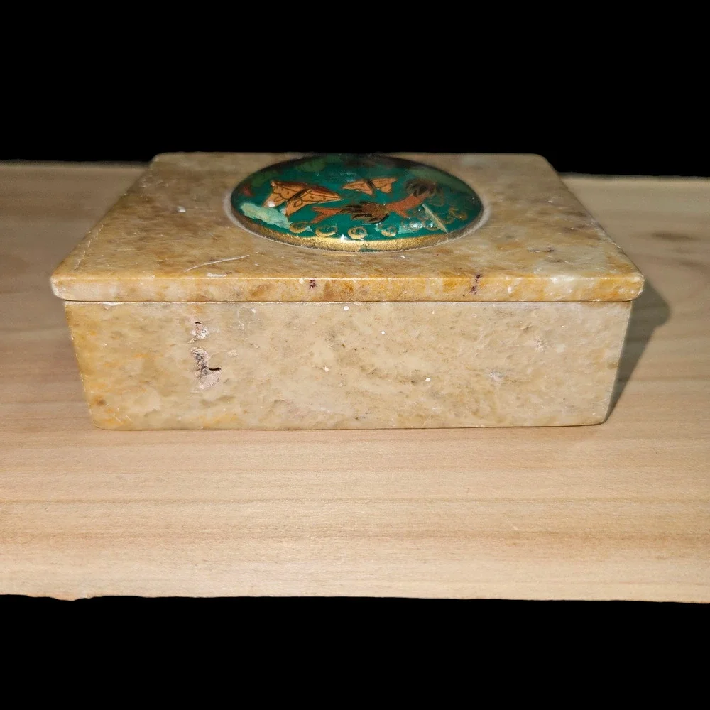 Vintage Marble Trinket Box Enamel Floral Butterfly Lid India